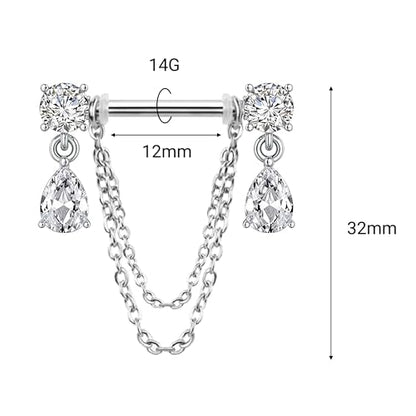 Dangle Chain Nipple Piercing Jewelry, CZ Gemstone Nipple Rings Surgical Steel for Women and Men, Silver Nipple Shields Barbell Rings, 14 Gauge A Pair