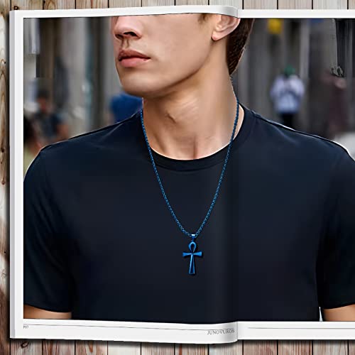 JUNOVUROS 18 to 28 Inches Rolo Chain Ancient Ankh Cross Pendant Necklace for Men Women Boys Girls 316L Stainless Steel with Large And Medium Sizes - color: H-Blue/Size:1.77 '' * 0.98 ", style: 22 Inches