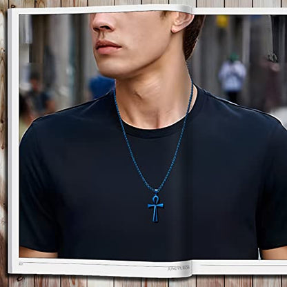 JUNOVUROS 18 to 28 Inches Rolo Chain Ancient Ankh Cross Pendant Necklace for Men Women Boys Girls 316L Stainless Steel with Large And Medium Sizes - color: H-Blue/Size:1.77 '' * 0.98 ", style: 22 Inches