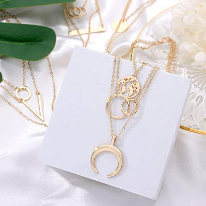 6 Pieces Layered Necklaces For Women Long Necklaces Gold Choker Necklaces Map Coin Bar Crescent Moon Necklace Layered Y Pendant Necklace Multilayer - color: gold