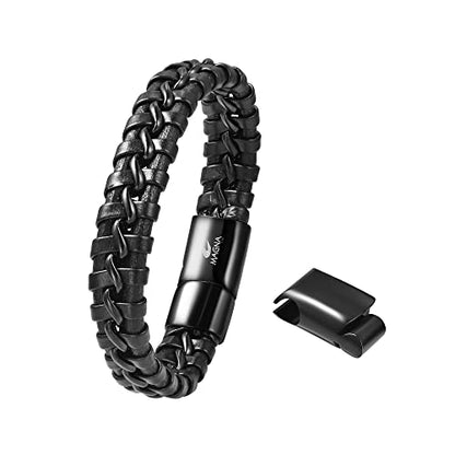 Men's Braided Genuine Leather Wristband Cuff Bracelet - color: Black