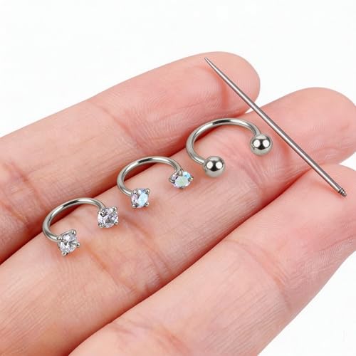 Titanium Horseshoe Nose Ring 20g, Gold Silver Nose Rings Hoops with Double CZ Gems Hypoallergenic Septum Ring for Women Men, Small Cartilage Helix Tragus Daith Labret Piercing Jewelry 7mm 8mm 9mm - color: Silver-Ball+CZ+AB