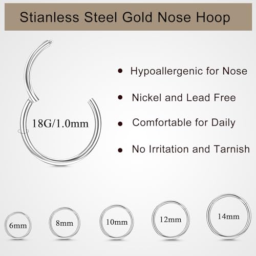 10Pcs Gold Nose Ring Hoop 18G/20G Clicker Nose Hoops Hypoallergenic Stainless Steel Nose Piercings Jewelry Gold Nose Jewelry Septum Helix Cartilage Lip Body Piercings for Women Men 7mm 8mm 9mm 10mm 12mm - color: Silver-18G
