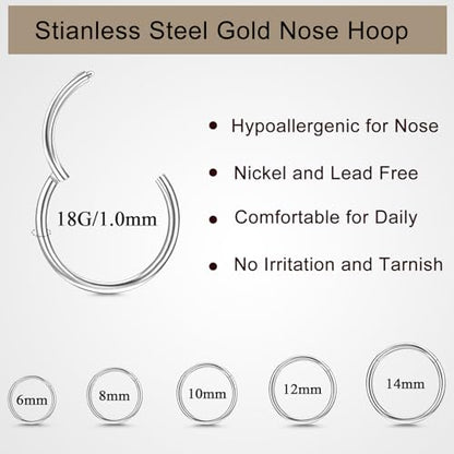10Pcs Gold Nose Ring Hoop 18G/20G Clicker Nose Hoops Hypoallergenic Stainless Steel Nose Piercings Jewelry Gold Nose Jewelry Septum Helix Cartilage Lip Body Piercings for Women Men 7mm 8mm 9mm 10mm 12mm - color: Silver-18G
