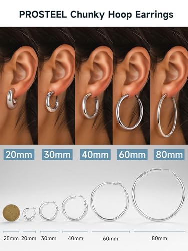 PROSTEEL Chunky Hoop Earrings for Women 14K Gold Plated/Black/Silver | 20/30/40/50/60/70/80mm Stainless Steel Thick Big Round Hoop with Waterproof and Non Tarnish Trendy Jewelry with Gift Box - color: 1. Silver, size: 20MM