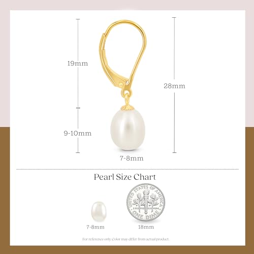 KEZEF Freshwater Cultured Pearl Drop Earrings, 14k White Gold Plated Sterling Silver, 7-8mm Dangle Earrings, Leverback, Hypoallergenic for Women, White Pearl Earrings - style: 14k Yellow Gold
