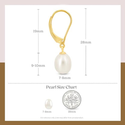 KEZEF Freshwater Cultured Pearl Drop Earrings, 14k White Gold Plated Sterling Silver, 7-8mm Dangle Earrings, Leverback, Hypoallergenic for Women, White Pearl Earrings - style: 14k Yellow Gold