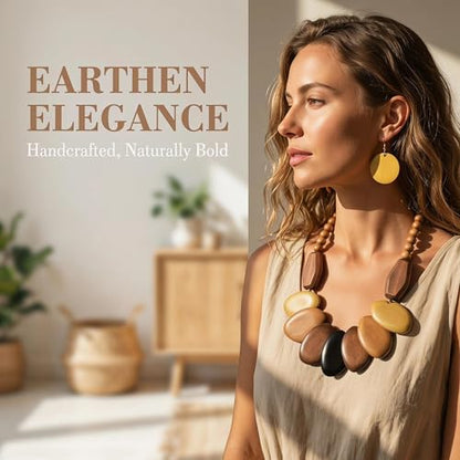 Coiris Chunky Wooden Necklace and Earring Set for Women Boho Statement Jewelry Ethnic Accessories - color: Classic