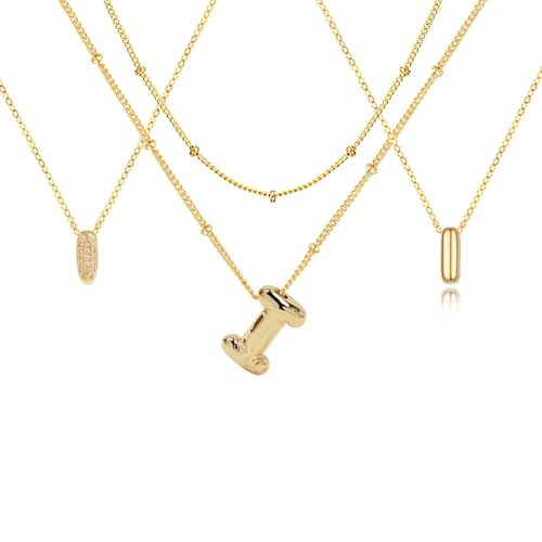 stino 4PCs Bubble Initial Letter Necklace Set, No Tarnish 14K Gold Plated Alphabet Pendant, Jewelry for Women - style: I