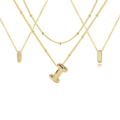 stino 4PCs Bubble Initial Letter Necklace Set, No Tarnish 14K Gold Plated Alphabet Pendant, Jewelry for Women - style: I