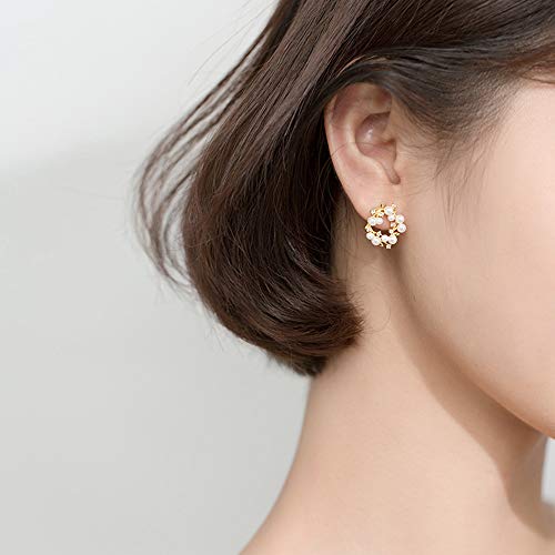 Elegant Pearl Stud Earrings S925 Sterling Silver Dainty CZ Crystal Birthstone Anadem Flower Wedding Earring Ear Piercing Leaf 18K Gold Plated Jewelry for Women Hypoallergenic