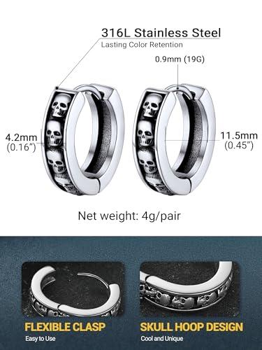 PROSTEEL Stainless Steel Huggie Hoop Earrings for Mens Gold/Black/Silver | Skull/Infinity Pattern, Spike/Cuban Links 4 Design Options Hypoallergenic Lightweight Earring Hip Hop Punk Gothic Jewelry - style: Skull-Silver