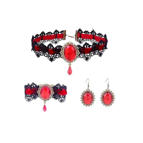 Atiptu Gothic Lace Choker Necklace for Women Black Lace Choker Necklace Vintage Red Crystal Pendant Necklaces Vampire Necklaces Halloween Costume Accessories - color: Red-Set