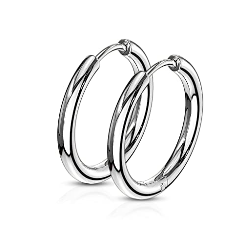 316L Stainless Steel 2.5mm Thick Round Hinged Hoop Earrings, Sold as a Pair - color: Silver Tone, size: 12mm Diameter