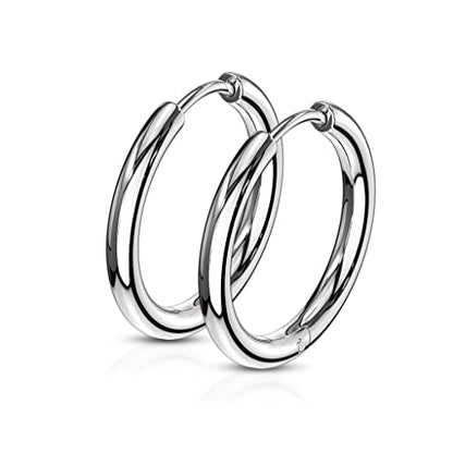 316L Stainless Steel 2.5mm Thick Round Hinged Hoop Earrings, Sold as a Pair - color: Silver Tone, size: 12mm Diameter