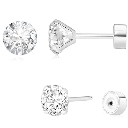 Threadless Flat Back Earrings, Hypoallergenic 14K Real Gold Plated CZ Stud Earrings | Cartilage Earring | Tragus Helix Piercing Jewelry | Push in Flatback Earrings for Women Men - color: Silver, size: 7 Millimeters