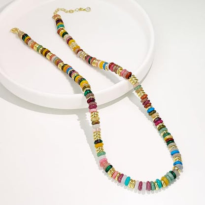 HAXIYA Colorful Beades Gemstone Necklace for Women Boho Beaded Choker | Rainbow Natural Stone Chunky Bead Surfer Summer Beach Necklaces Jewelry Hypoallergenic - color: Raibow+Gold