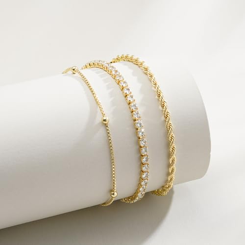 Turandoss Gold Bracelets for Women - Dainty 14K Gold Plated Tennis Bracelet | Stackable Cross Beaded Set, Twisted Rope Chain, Snake Paperclip Chain, Knot Cuff Bracelets for Women, Jewelry Gifts - color: Satellite Tennis Set
