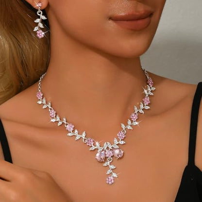 CSIYANJRY99 Silver Prom Jewelry Set Gold Wedding Jewelry Sets for Brides Necklace and Earring Bracelet Rhinestone Prom Party Costume Accessorie - color: Pink