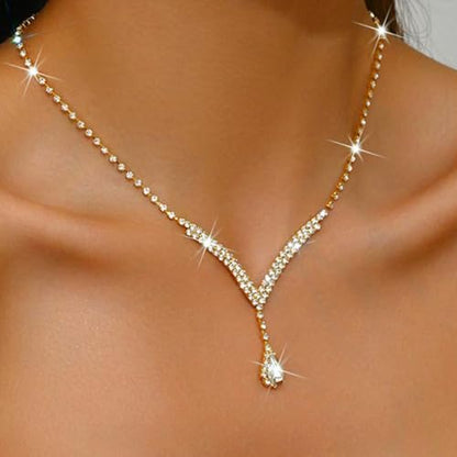 Bridal Wedding Jewelry Set Silver Rhinestone Necklace Earrings Sets Formal Costume Jewelry for Women and Brides - color: A-Gold