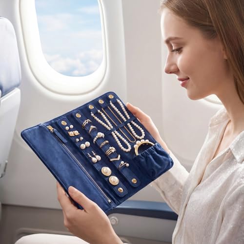 Tondiamo 1 Pcs Velvet Jewelry Roll Luxury Travel Jewelry Case for Ring Necklace Earring Bracelet Storage Bag Women Bridesmaid Gift (Navy Blue) - color: Navy Blue