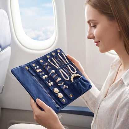 Tondiamo 1 Pcs Velvet Jewelry Roll Luxury Travel Jewelry Case for Ring Necklace Earring Bracelet Storage Bag Women Bridesmaid Gift (Navy Blue) - color: Navy Blue