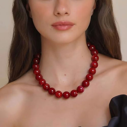 Multicolor Chunky Beaded Necklace, Statement Colorful Round Ball Beads Choker Necklace with Gold-Tone Adjustable Chain, Fashion Bold Neck Jewelry for Women - color: 20MM-Red