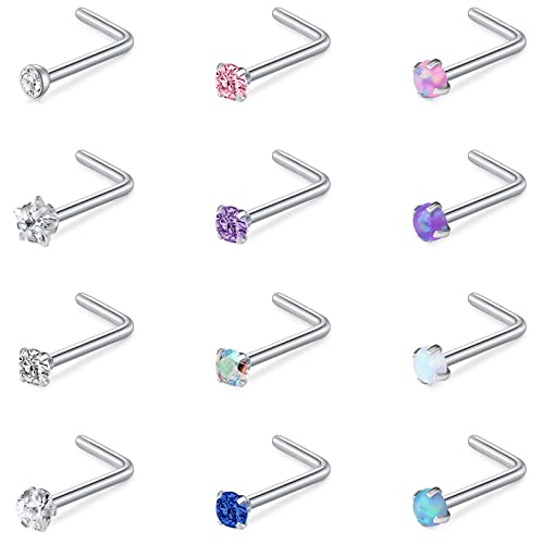 Mayhoop 20G Nose Rings Studs 316L Surgical Stainless Steel L Shape Bone Diamond Heart Corkscrew Nose Ring Nostril Piercing Jewelry For Women Men - color: L shaped-12Pcs-Silver