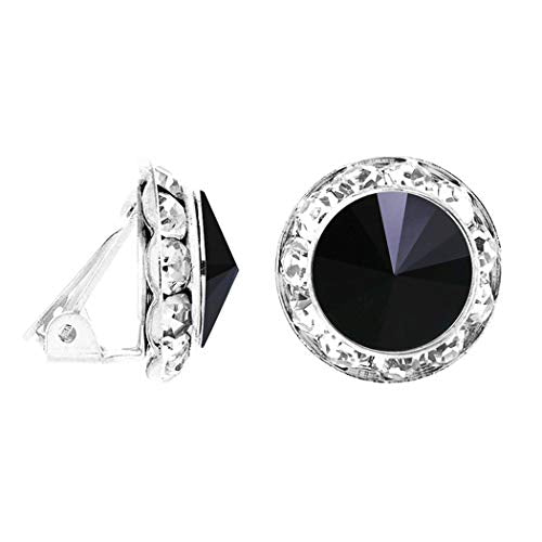Rosemarie & Jubalee Women's Timeless Classic Statement Clip On Halo Earrings Made With Premium Crystals - color: 20mm, Jet Black Silver Tone