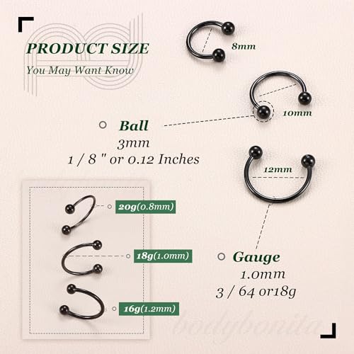 G23 Titanium 14/16/18/20G Septum Rings Horseshoe Nose Ring Jewelry | 2/3Pcs Circular Barbell Spike Lip Body Piercing Jewelry Conch Helix Tragus Earring Silver/Black 8/10/12mm 14K Gold Plated - color: Black-3pcs, size: Balls-3pcs-18g-8/10/12mm