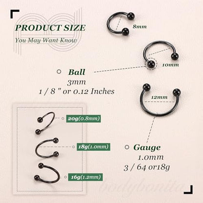 G23 Titanium 14/16/18/20G Septum Rings Horseshoe Nose Ring Jewelry | 2/3Pcs Circular Barbell Spike Lip Body Piercing Jewelry Conch Helix Tragus Earring Silver/Black 8/10/12mm 14K Gold Plated - color: Black-3pcs, size: Balls-3pcs-18g-8/10/12mm