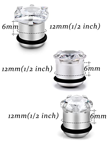 8G 6G 4G 2G 0G 1/2 inch Stainless Steel Ear Gauges - Round, Square, Heart, Cubic Zirconia - 3mm to 12mm - Silver, 3 Pairs - color: Gauge=1/2"=12mm