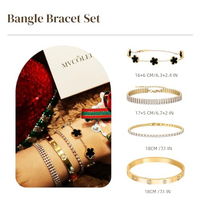 18 K Gold Plated Love Bangle Bracelet Stack for Women,Set of 4 Floral Clover Chain, Tennis Crystal &Gold Stackable Bangle Bracelet -Adjustable Layered Jewelry Gift for Wife Valentines Mother's Day-MVCOLEDY - color: Black and White CZ