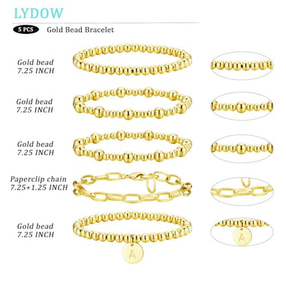Beaded Bracelets for Women, 18K Gold Plated Initial A-Z Stretch Bead Ball Stackable Bracelet with Letter Jewelry Set Gifts - size: Gold-N