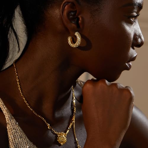 FRUMOS 18K Gold Plated Chunky Hoop Earrings for Women Fashion Thick Gold Hoops Set Jewelry for Birthday Christmas Gifts - color: Gold Full CZ Paved Hoop