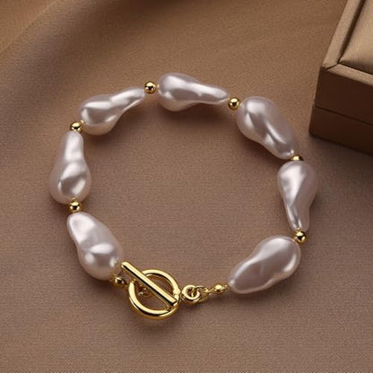 Baroque Pearl Bracelet for Women Elegant Gold Plated Irregular Chunky Pearls Bracelets Summer Starfish Seashell Conch Cuff Bracelets Jewelry for Vacation - color: gold