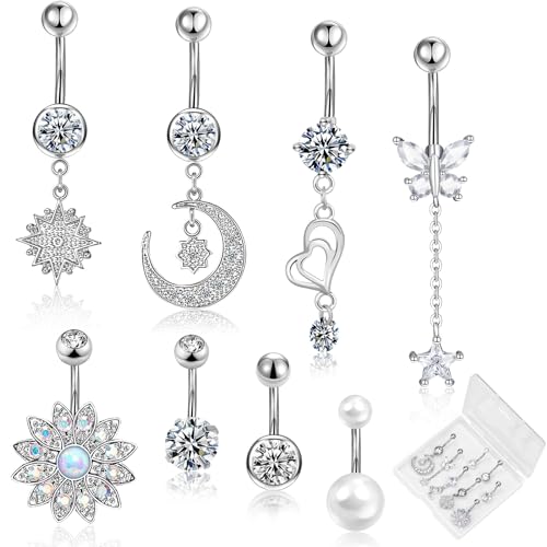 Lucomb Belly Rings for Women, 14G Belly Button Rings for Women Stainless Steel Dangle Belly Piercings Jewelry Rings with Hear Moon Butterfly Flowers - color: Silver