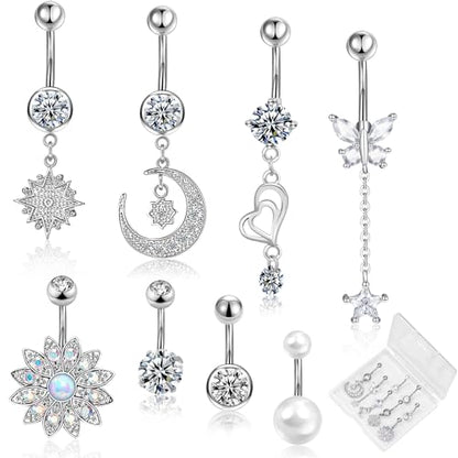 Lucomb Belly Rings for Women, 14G Belly Button Rings for Women Stainless Steel Dangle Belly Piercings Jewelry Rings with Hear Moon Butterfly Flowers - color: Silver