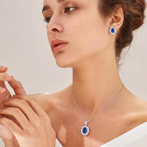Cubic Zirconia Necklace and Earrings Set for Women 14K White Gold Plated Bridesmaid Silver Jewelry Set for Women Pendant Necklace Hypoallergenic Stud Earrings Set Jewellery Gift for Mom Wife Bride Bridesmaid - color: Sapphire Blue-Oval Shape