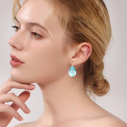 14K Gold Teardrop Crystal Leverback Earrings Sparkly Rhinestone Water Droplet Dangle Drop Earrings For Women - color: Blue