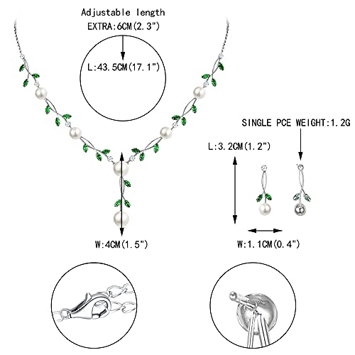 EVER FAITH Cubic Zirconia Pearl Leaf Vine Wedding Jewelry Set for Bride | Crystal Filigree Bridal Necklace Earrings, for Women Bridesmaid - color: 2pcs_Green Silver-Plated-Brass