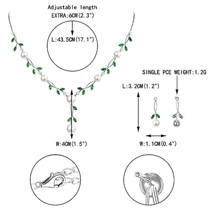 EVER FAITH Cubic Zirconia Pearl Leaf Vine Wedding Jewelry Set for Bride | Crystal Filigree Bridal Necklace Earrings, for Women Bridesmaid - color: 2pcs_Green Silver-Plated-Brass
