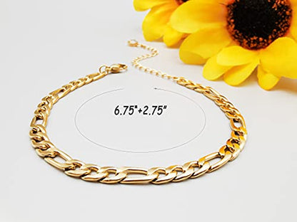 Dainty Bracelets for Women Paperclip Chain Bangles Handmade Tiny Cute Oval and Round Beaded Bracelet 316L Stainless Steel Jewelry Gift for Best Friend - style: Figaro Chain Gold