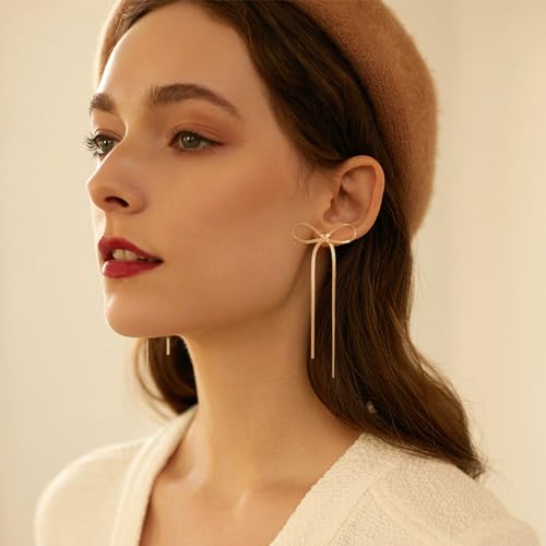 Gold Silver Bow Drop Earrings for Women Long Tassel Chain Bow Earrings Ribbon Bowknot Dangle Earrings Jewelry Gifts - color: Gold Bow A