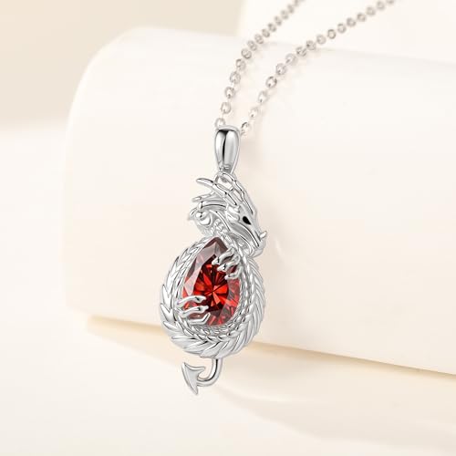 Dragon Necklace Sterling Silver Wyvern Pendant Jewelry with Teardrop Birthstone Gifs for Women - style: Dragon necklace-Garnet stone