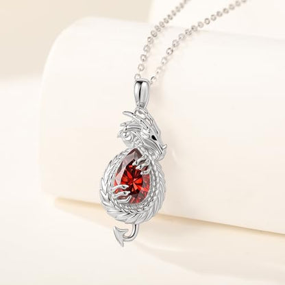 Dragon Necklace Sterling Silver Wyvern Pendant Jewelry with Teardrop Birthstone Gifs for Women - style: Dragon necklace-Garnet stone