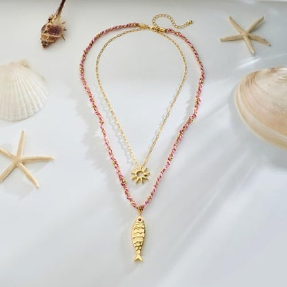 Shell Necklaces for Women Trend Boho Scarf Necklaces Ocean Mermaid Conch Seashell Necklace Summer Gold Fish Necklace Fashion Beach Jewelry - color: Sun fish necklace