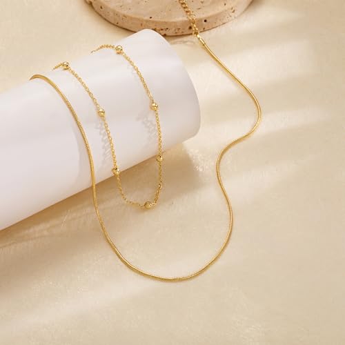 Tewiky Layered Necklaces for Women 14k Gold Plated Chain Necklace Set | Chunky Herringbone/Snake/Rope/Box/Cuban Link Chain for Women, Layering Stack Choker Necklace, Dainty Jewelry Set Non Tarnish - color: Layered Bead Gold