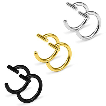 14G T Shaped Stainless Steel Gothic Clip on Non piercing Double Fake Cuff Lip Nose Ring Septum Hoop Women Men 6pcs - color: 6PCS - Mix Color 1#