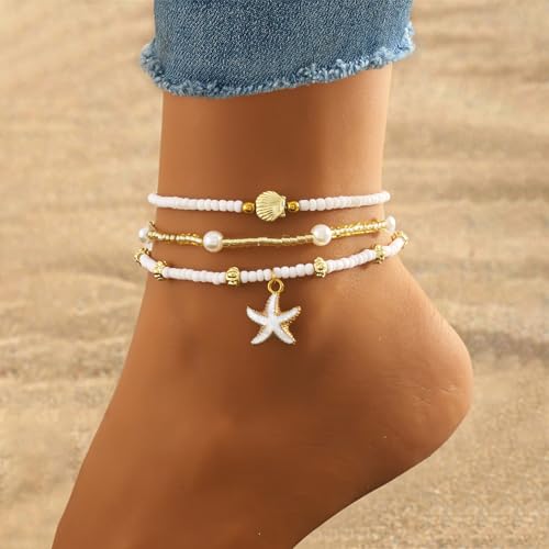Qceasiy Starfish Ankle Bracelets for Women, Boho Beaded Beach Anklets Set | Gold-plated layered anklets in seashell, disc, and conch styles, with stretch or adjustable fits for summer beach outfits. - color: Gold 1